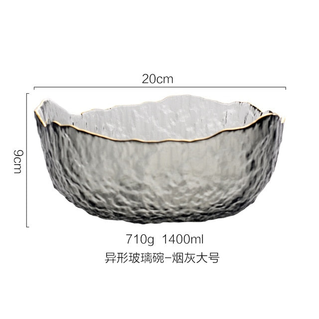 Japanese Style Iceberg Glass Bowl with Glod Rim Transparent Salad Fruit Soup Dessert Snack Foods Mixing Bowl Tea Wash Large